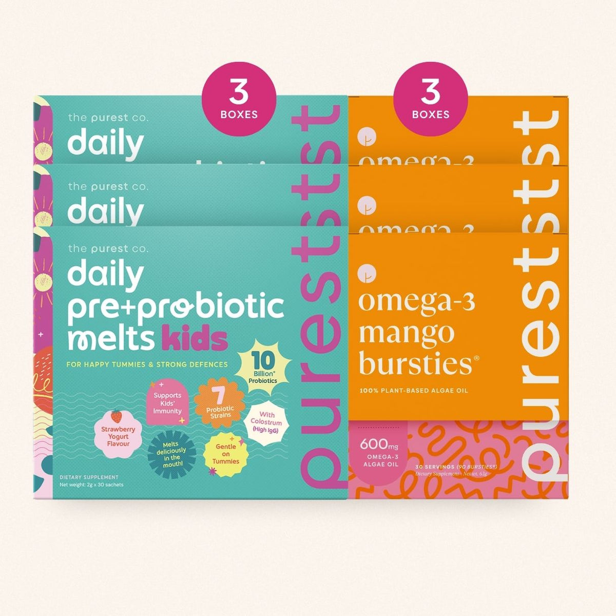 3 Daily Pre+Probiotic Melts Kids + 3 Omega-3 Mango Burstlets