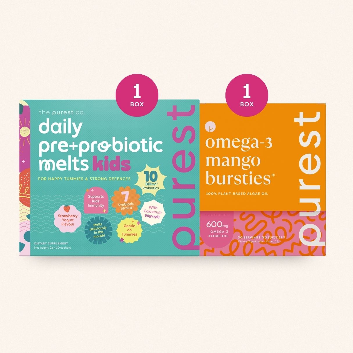 1 Daily Pre+Probiotic Melts Kids + 1 Omega-3 Mango Burstlets