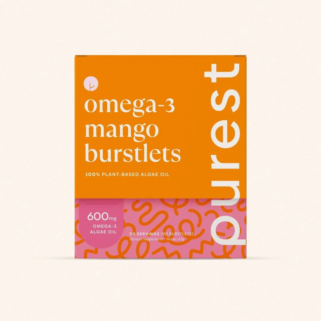 Purest Kids Omega-3 Mango Burstlets box — 600mg algae-sourced omega-3, 30 servings, 100% plant-based