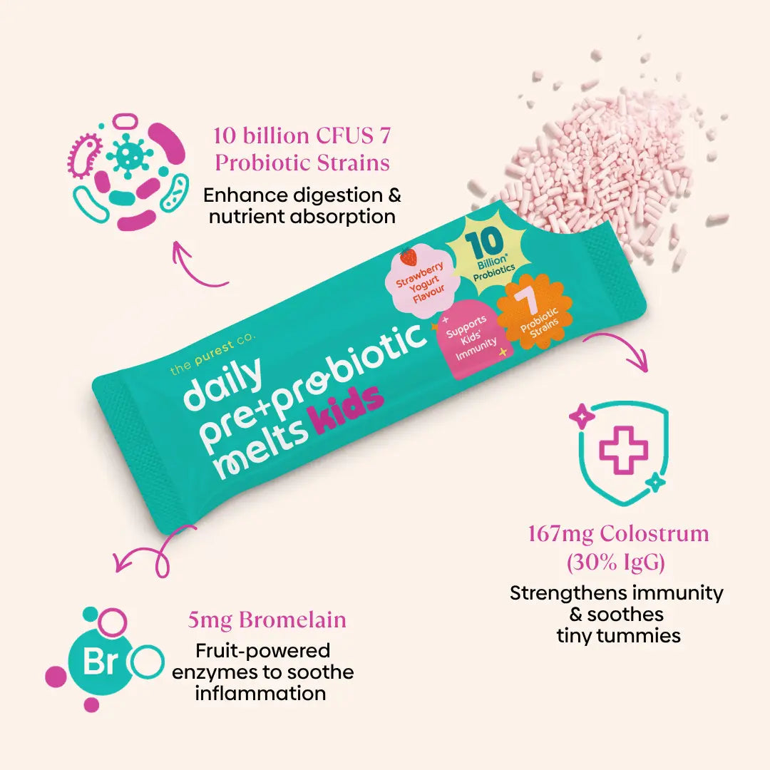 Daily Pre+Probiotic Melts Kids sachet with benefits: 10 billion CFUs, 167mg colostrum, 5mg bromelain